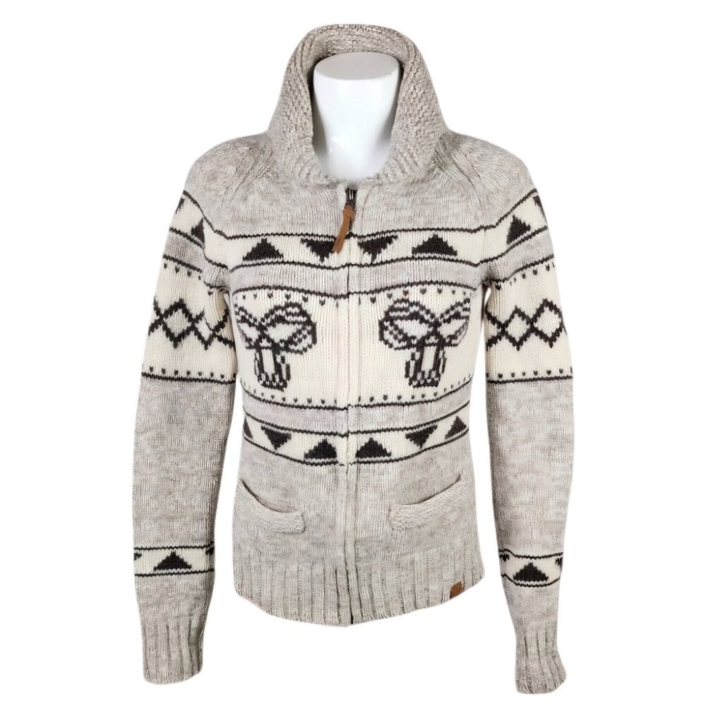 Aritzia TNA Sea to Sky Lambswool Zip Front Cardigan Logo Brown Cream Size Medium